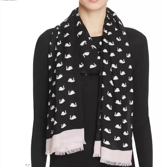 kate spade new york Swans Scarf in Black & White w/ Bonus Crystal Swan Brooch - Picture 1 of 6
